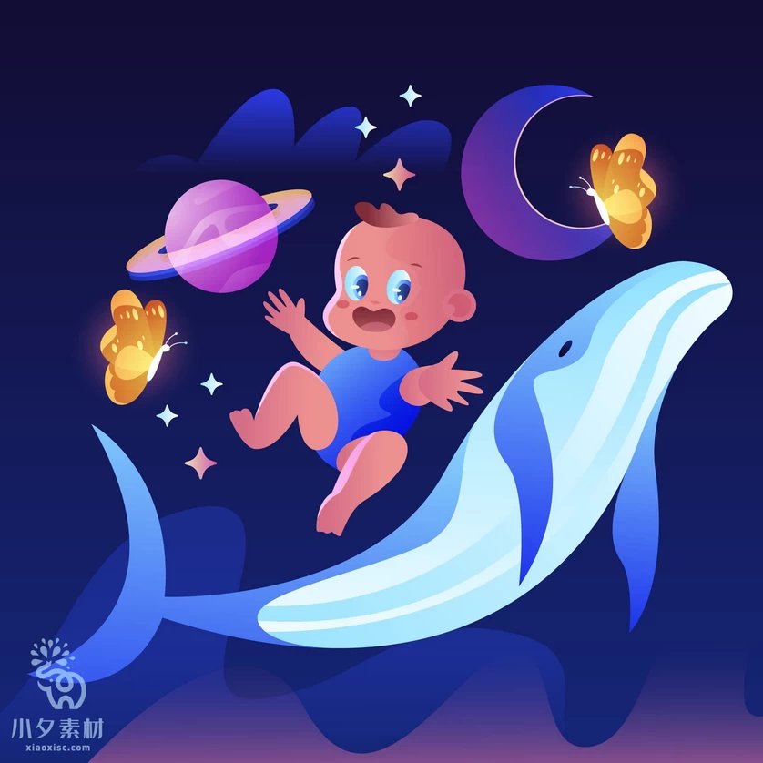 唯美梦幻创意卡通人物鲸鱼海豚夜景插画背景图案AI矢量设计素材【013】